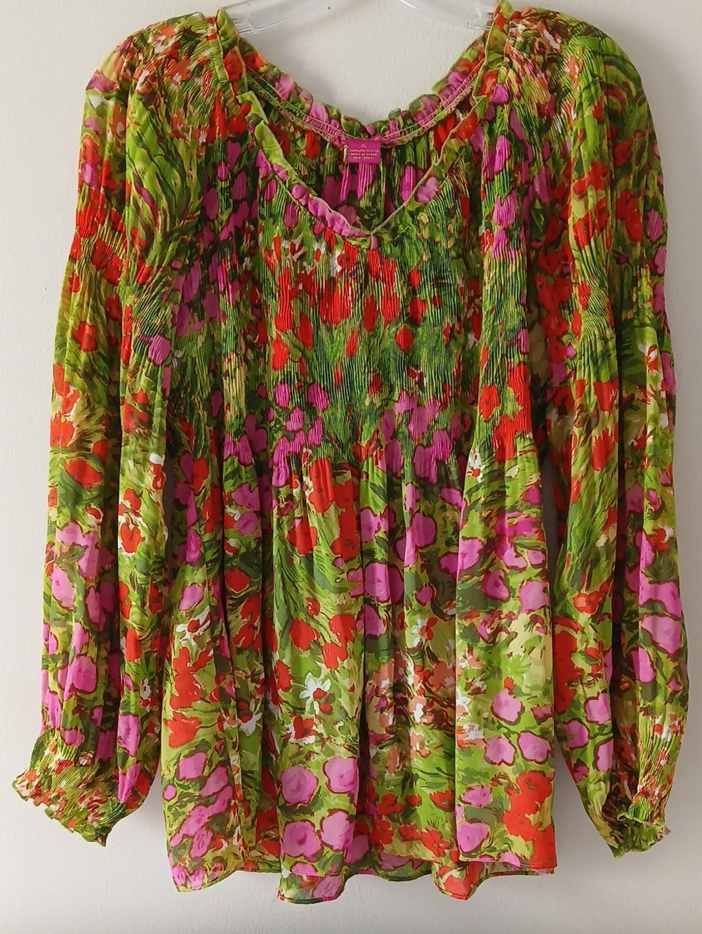 Sunny Leigh Bright Floral Smocked Peasant Blouse in Green, Pink & Red - Picture 1 of 5
